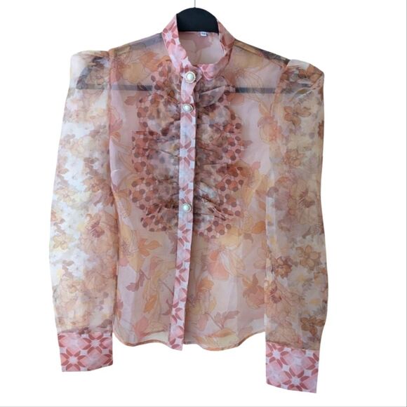 Floral Ruffle Victorian Sheer Puff Sleeve Pearl Button Blouse Size Medium - Picture 1 of 4